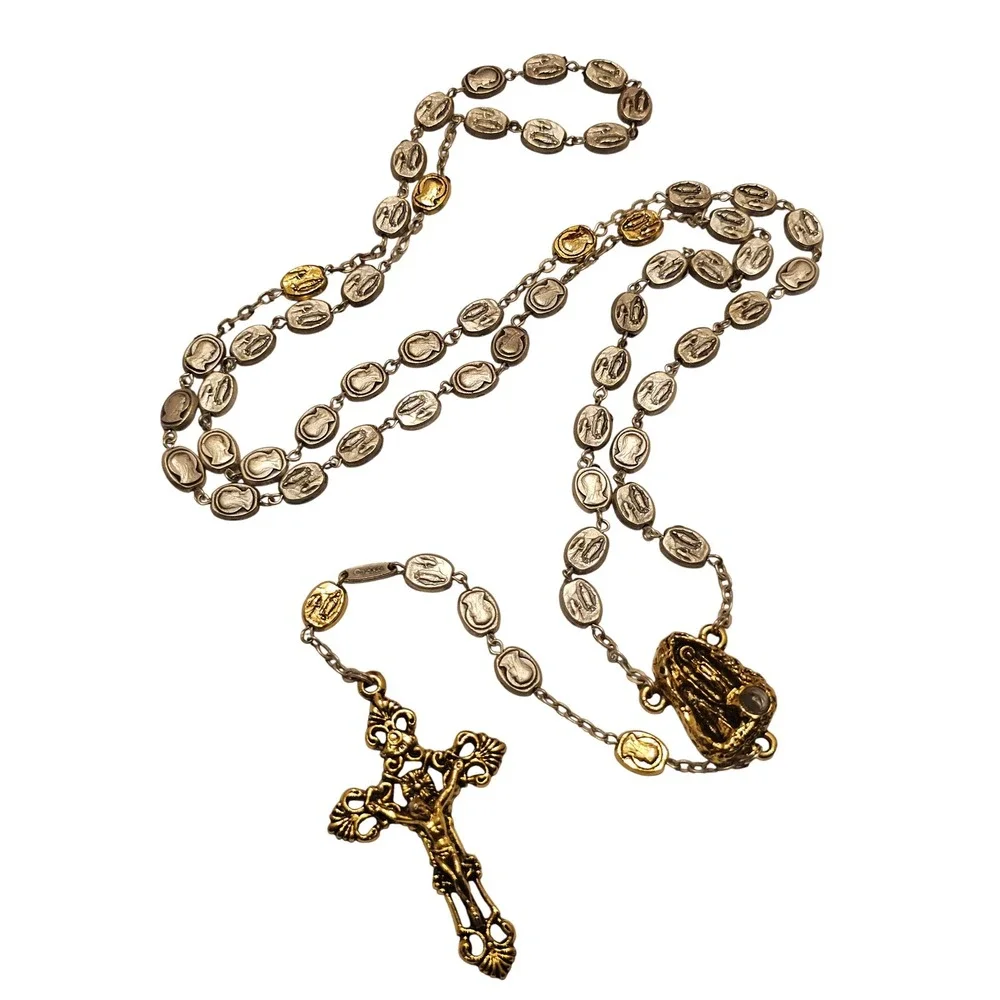 Vintage Ghirelli 2 Tone Religious Rosary Necklace 2003 Lourdes Water Crucifix 22